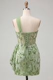 Green Bodycon Corset One Shoulder Lace Up Back Sequins Homecoming Dress with Sash