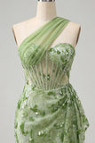 Green Bodycon Corset One Shoulder Lace Up Back Sequins Homecoming Dress with Sash