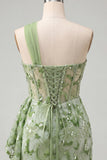 Green Bodycon Corset One Shoulder Lace Up Back Sequins Homecoming Dress with Sash