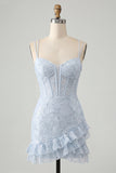 Light Blue Bodycon Corset Lace Up Back Sequins Homecoming Dress with Ruffles