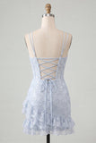Light Blue Bodycon Corset Lace Up Back Sequins Homecoming Dress with Ruffles