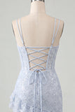 Light Blue Bodycon Corset Lace Up Back Sequins Homecoming Dress with Ruffles