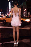 Light Blue Bodycon Corset Lace Up Back Sequins Homecoming Dress with Ruffles