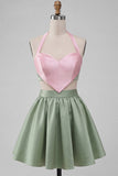 Pink and Green A-Line 2 Piece Halter Neck Satin Homecoming Dress