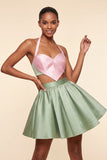 Pink and Green A-Line 2 Piece Halter Neck Satin Homecoming Dress