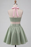 Pink and Green A-Line 2 Piece Halter Neck Satin Homecoming Dress