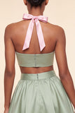 Pink and Green A-Line 2 Piece Halter Neck Satin Homecoming Dress
