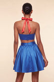 Pink and Green A-Line 2 Piece Halter Neck Satin Homecoming Dress