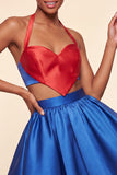 Pink and Green A-Line 2 Piece Halter Neck Satin Homecoming Dress