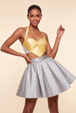 Pink and Green A-Line 2 Piece Halter Neck Satin Homecoming Dress