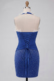 Dark Blue Halter Neck Bodycon Corset Ruffled Ruched Beaded Homecoming Dress with Lace Up Back
