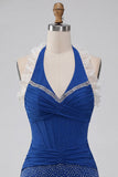 Dark Blue Halter Neck Bodycon Corset Ruffled Ruched Beaded Homecoming Dress with Lace Up Back