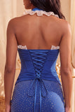 Dark Blue Halter Neck Bodycon Corset Ruffled Ruched Beaded Homecoming Dress with Lace Up Back