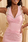 Dark Blue Halter Neck Bodycon Corset Ruffled Ruched Beaded Homecoming Dress with Lace Up Back