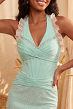 Dark Blue Halter Neck Bodycon Corset Ruffled Ruched Beaded Homecoming Dress with Lace Up Back