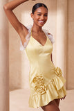 Purple Bodycon Halter Neck Satin Ruffled Homecoming Dress with 3D Flowers