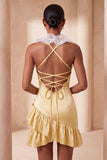 Purple Bodycon Halter Neck Satin Ruffled Homecoming Dress with 3D Flowers