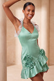 Purple Bodycon Halter Neck Satin Ruffled Homecoming Dress with 3D Flowers