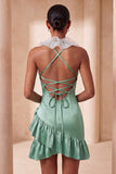 Purple Bodycon Halter Neck Satin Ruffled Homecoming Dress with 3D Flowers