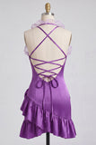Purple Bodycon Halter Neck Satin Ruffled Homecoming Dress with 3D Flowers
