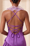 Purple Bodycon Halter Neck Satin Ruffled Homecoming Dress with 3D Flowers