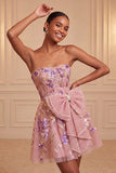 Sage Green Strapless A-Line Embroidered Pearl Lace Up Back Homecoming Dress with Bow