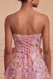 Sage Green Strapless A-Line Embroidered Pearl Lace Up Back Homecoming Dress with Bow
