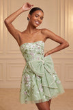 Sage Green Strapless A-Line Embroidered Pearl Lace Up Back Homecoming Dress with Bow