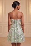 Sage Green Strapless A-Line Embroidered Pearl Lace Up Back Homecoming Dress with Bow