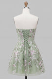 Sage Green Strapless A-Line Embroidered Pearl Lace Up Back Homecoming Dress with Bow