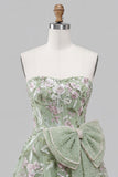Sage Green Strapless A-Line Embroidered Pearl Lace Up Back Homecoming Dress with Bow