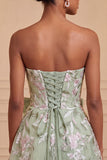 Sage Green Strapless A-Line Embroidered Pearl Lace Up Back Homecoming Dress with Bow