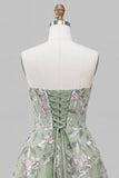 Sage Green Strapless A-Line Embroidered Pearl Lace Up Back Homecoming Dress with Bow