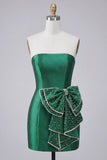 Dark Green Strapless Bodycon Pearl Lace Up Back Homecoming Dress with Bow On Waist