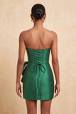 Dark Green Strapless Bodycon Pearl Lace Up Back Homecoming Dress with Bow On Waist