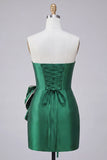Dark Green Strapless Bodycon Pearl Lace Up Back Homecoming Dress with Bow On Waist