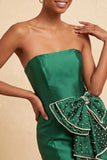 Dark Green Strapless Bodycon Pearl Lace Up Back Homecoming Dress with Bow On Waist