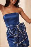 Dark Green Strapless Bodycon Pearl Lace Up Back Homecoming Dress with Bow On Waist