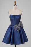 Navy Satin Strapless A-Line Pearl Corset Lace Up Back Homecoming Dress with Bow