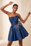 Navy Satin Strapless A-Line Pearl Corset Lace Up Back Homecoming Dress with Bow