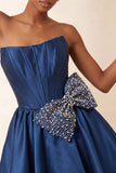 Navy Satin Strapless A-Line Pearl Corset Lace Up Back Homecoming Dress with Bow