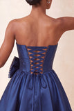 Navy Satin Strapless A-Line Pearl Corset Lace Up Back Homecoming Dress with Bow