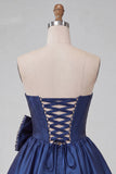 Navy Satin Strapless A-Line Pearl Corset Lace Up Back Homecoming Dress with Bow