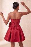 Navy Satin Strapless A-Line Pearl Corset Lace Up Back Homecoming Dress with Bow