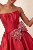 Navy Satin Strapless A-Line Pearl Corset Lace Up Back Homecoming Dress with Bow