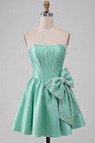 A-Line Mint Green Satin Strapless Lace Up Back Pearl Corset Homecoming Dress with Bow
