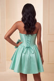 A-Line Mint Green Satin Strapless Lace Up Back Pearl Corset Homecoming Dress with Bow