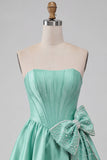 A-Line Mint Green Satin Strapless Lace Up Back Pearl Corset Homecoming Dress with Bow