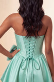 A-Line Mint Green Satin Strapless Lace Up Back Pearl Corset Homecoming Dress with Bow