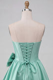 A-Line Mint Green Satin Strapless Lace Up Back Pearl Corset Homecoming Dress with Bow